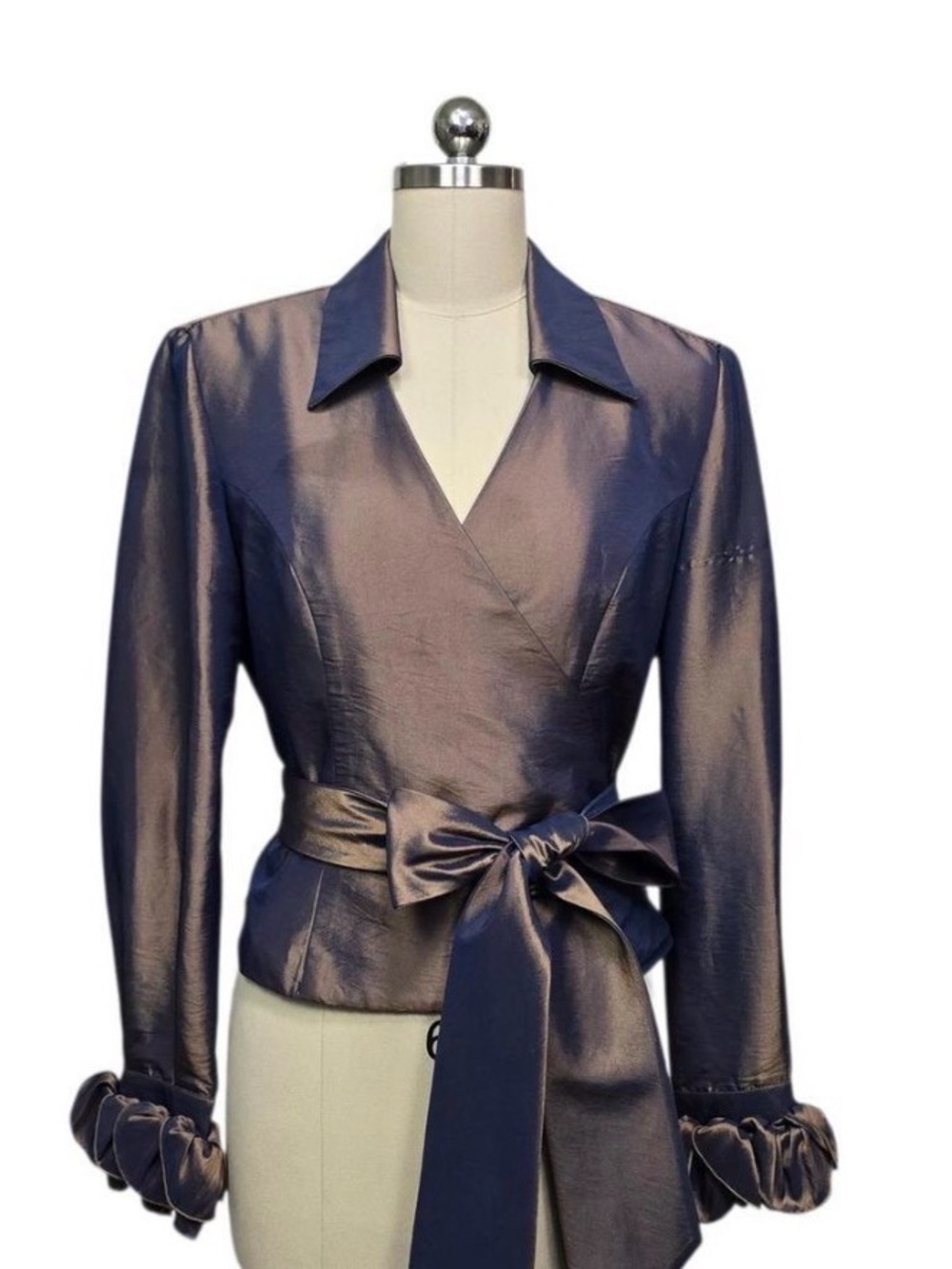 Joseph Ribkoff Metallic Wrap Blouse Jacket | Blue Bronze | Size M